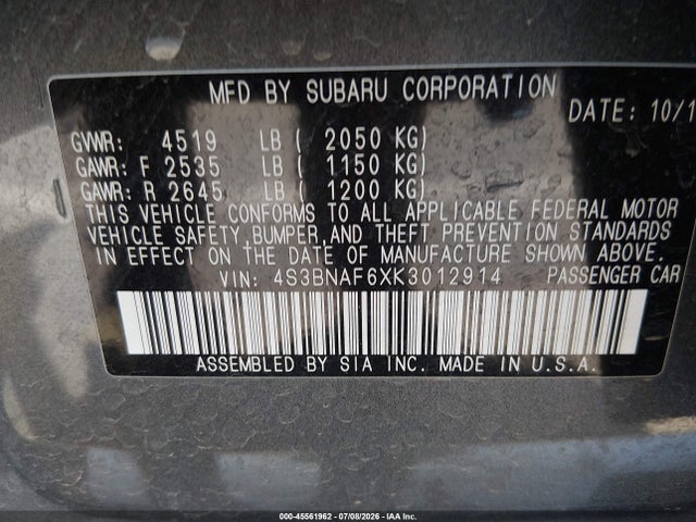 2019 Subaru Legacy 2.5i Premium მანქანა იყიდება აუქციონზე, vin: 4S3BNAF6XK3012914, აუქციონის ნომერი: 45561962