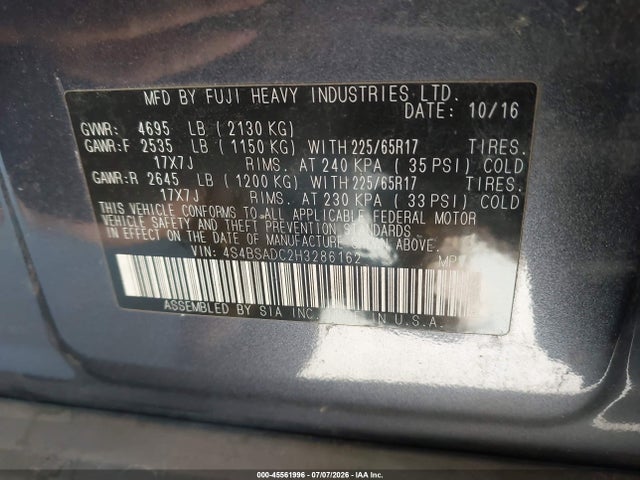 Subaru Outback 2.5i Premium 2017 4S4BSADC2H3286162 Image 9