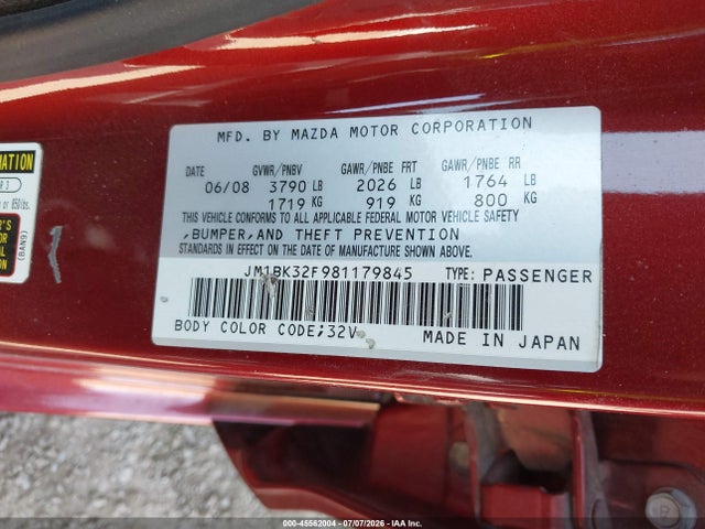 2008 Mazda Mazda3 I Touring Value მანქანა იყიდება აუქციონზე, vin: JM1BK32F981179845, აუქციონის ნომერი: 45562004