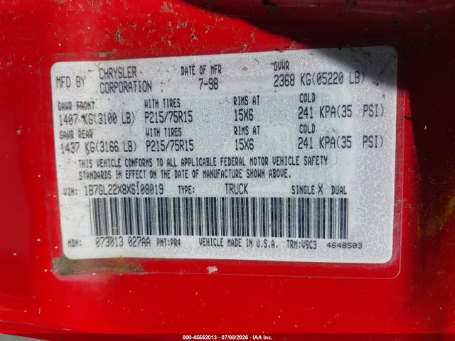 Aukcja sprzedaży 1999 Dodge Dakota Slt/sport, vin: 1B7GL22X8XS108019, numer aukcji: 45562013