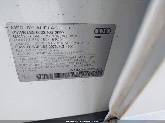 45562021 :رقم المزاد ، WA1DGAFP4EA059538 vin ، 2014 Audi Q5 3.0t Premium Plus مزاد بيع