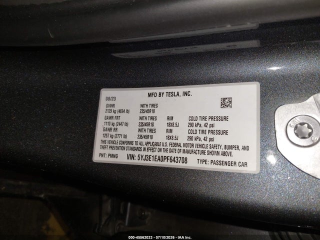 Aukcja sprzedaży 2023 Tesla Model 3 Rear-wheel Drive, vin: 5YJ3E1EA0PF643708, numer aukcji: 45562023