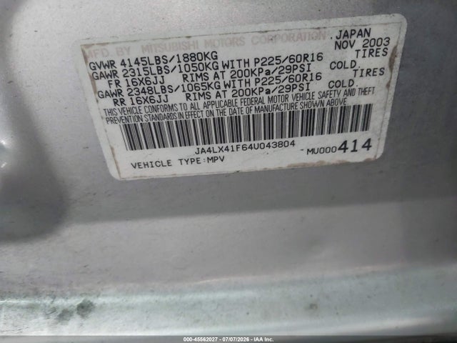 Aukcja sprzedaży 2004 Mitsubishi Outlander Xls, vin: JA4LX41F64U043804, numer aukcji: 45562027