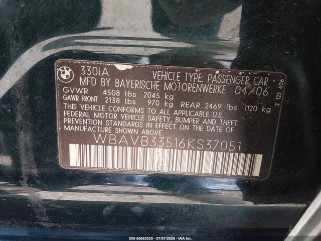 Продаж на аукціоні авто 2006 Bmw 330i, vin: WBAVB33516KS37051, номер лоту: 45562028