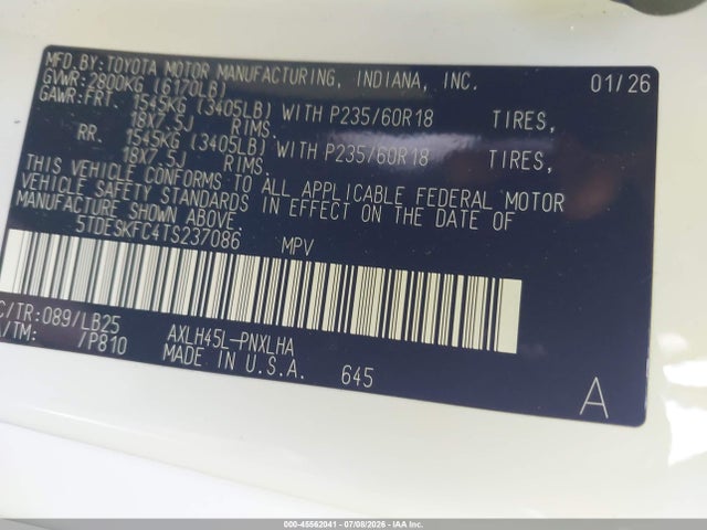 45562041 :رقم المزاد ، 5TDESKFC4TS237086 vin ، 2026 Toyota Sienna Platinum مزاد بيع