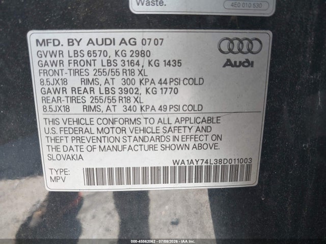Aukcja sprzedaży 2008 Audi Q7 3.6, vin: WA1AY74L38D011003, numer aukcji: 45562062