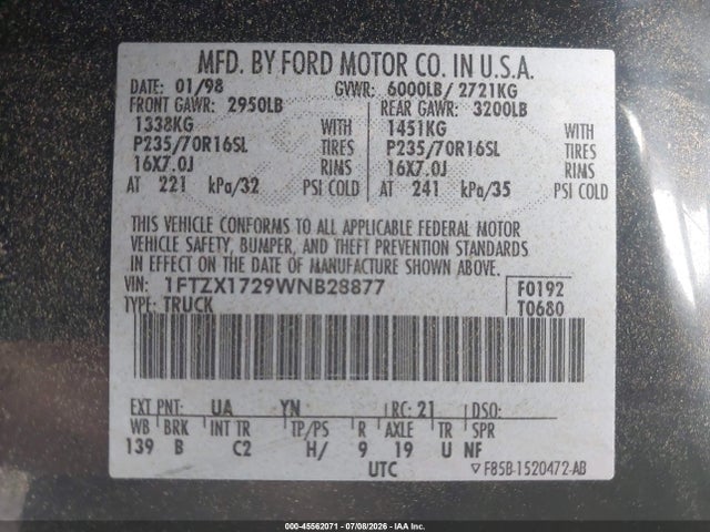 Aukcja sprzedaży 1998 Ford F-150 Standard/xl/xlt, vin: 1FTZX1729WNB28877, numer aukcji: 45562071