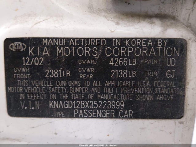 2003 Kia Optima Lx V6/se V6 მანქანა იყიდება აუქციონზე, vin: KNAGD128X35223999, აუქციონის ნომერი: 45562079