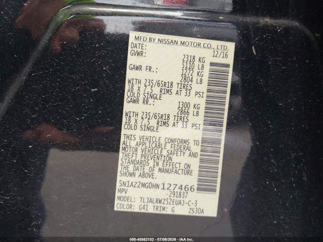 2017 Nissan Murano Sl მანქანა იყიდება აუქციონზე, vin: 5N1AZ2MG0HN127466, აუქციონის ნომერი: 45562102