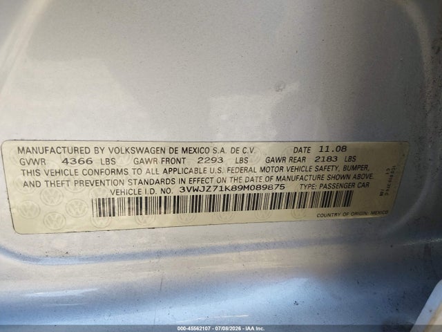 Продаж на аукціоні авто 2009 Volkswagen Jetta S, vin: 3VWJZ71K89M089875, номер лоту: 45562107