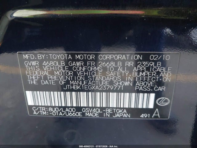 Продажа на аукционе авто 2010 Lexus Es 350, vin: JTHBK1EGXA2379771, номер лота: 45562121
