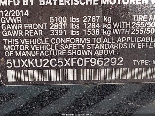 45562136 :رقم المزاد ، 5UXKU2C5XF0F96292 vin ، 2015 Bmw X6 Xdrive35i مزاد بيع