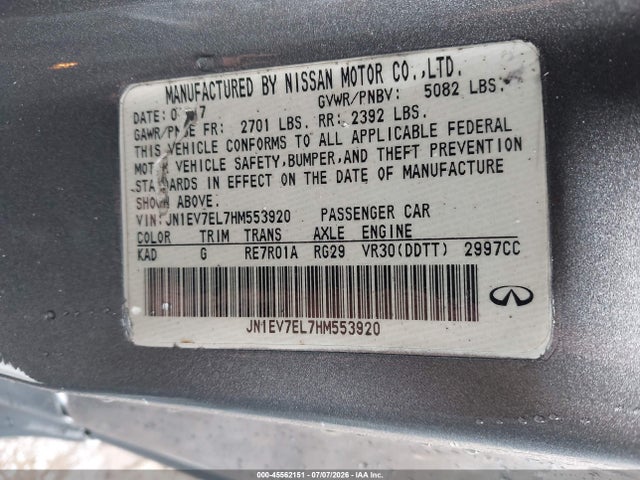 Aukcja sprzedaży 2017 Infiniti Q60 3.0t Premium, vin: JN1EV7EL7HM553920, numer aukcji: 45562151