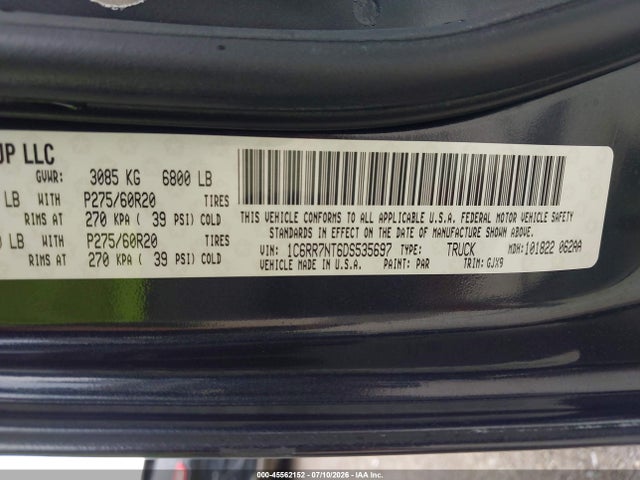 Продажа на аукционе авто 2013 Ram 1500 Laramie, vin: 1C6RR7NT6DS535697, номер лота: 45562152