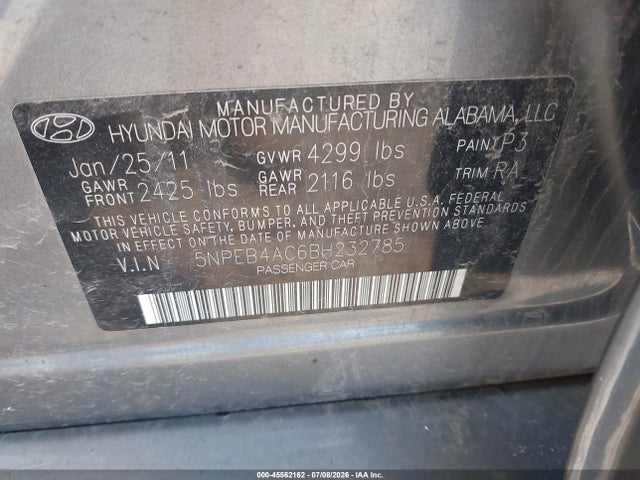 Продаж на аукціоні авто 2011 Hyundai Sonata Gls, vin: 5NPEB4AC6BH232785, номер лоту: 45562162