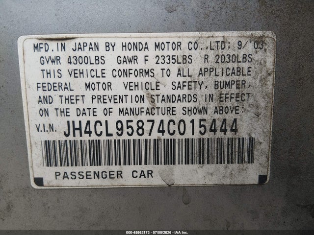 45562173 :رقم المزاد ، JH4CL95874C015444 vin ، 2004 Acura Tsx مزاد بيع