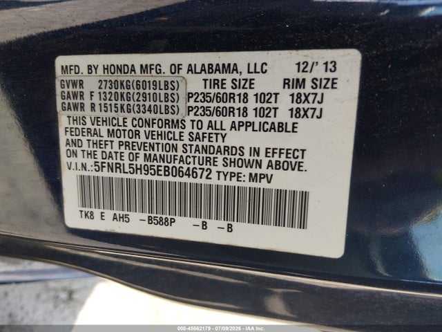 5FNRL5H95EB064672 Honda Odyssey Touring/touring Elite