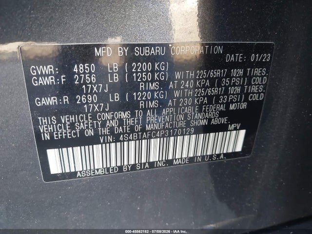 Aukcja sprzedaży 2023 Subaru Outback Premium, vin: 4S4BTAFC4P3170129, numer aukcji: 45562182