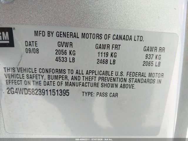 45562211 :رقم المزاد ، 2G4WD582391151395 vin ، 2009 Buick Lacrosse Cxl مزاد بيع