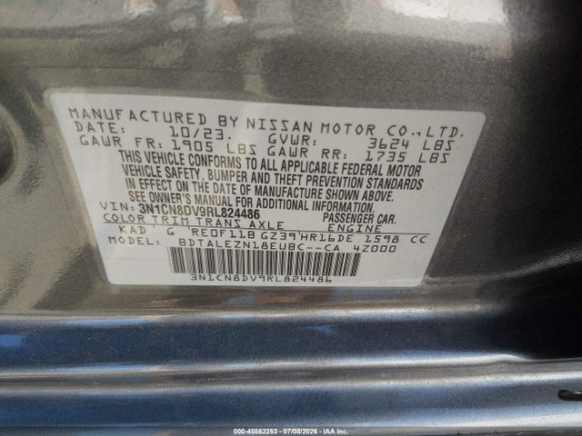 2024 Nissan Versa 1.6 S მანქანა იყიდება აუქციონზე, vin: 3N1CN8DV9RL824486, აუქციონის ნომერი: 45562253