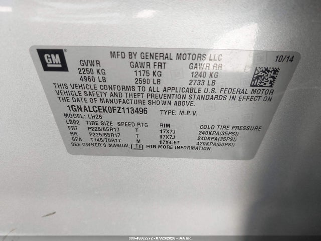 Chevrolet EQUINOX LT 2015 1GNALCEK0FZ113496 Image 9