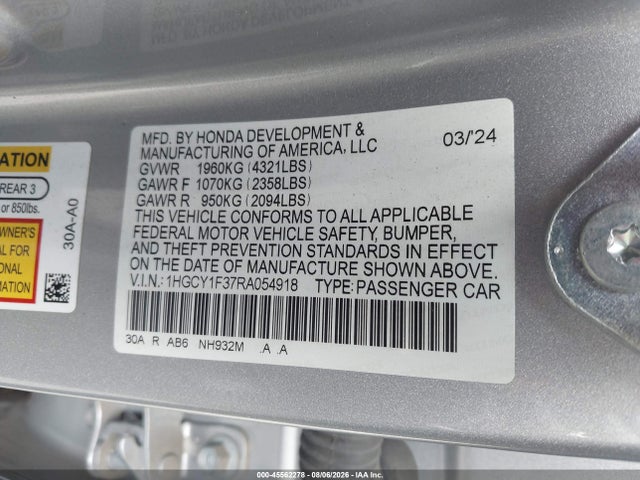 45562278 :رقم المزاد ، 1HGCY1F37RA054918 vin ، 2024 Honda Accord Ex مزاد بيع