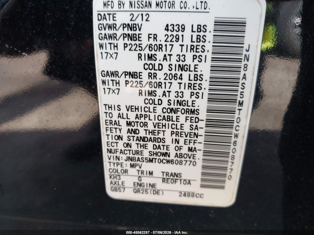 45562287 :رقم المزاد ، JN8AS5MT0CW608770 vin ، 2012 Nissan Rogue Sv مزاد بيع