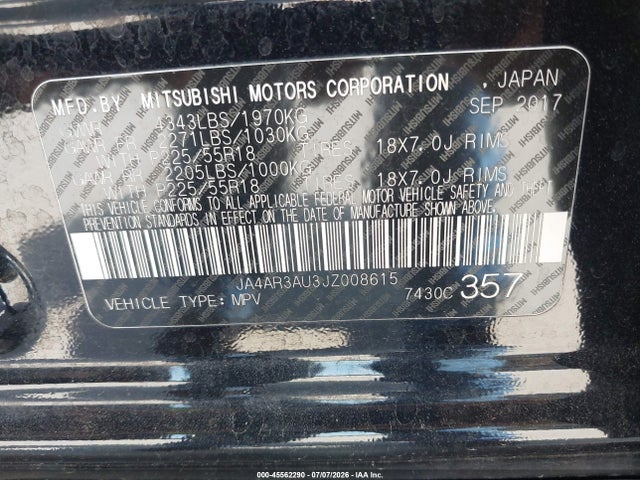 Aukcja sprzedaży 2018 Mitsubishi Outlander Sport 2.0 Es, vin: JA4AR3AU3JZ008615, numer aukcji: 45562290