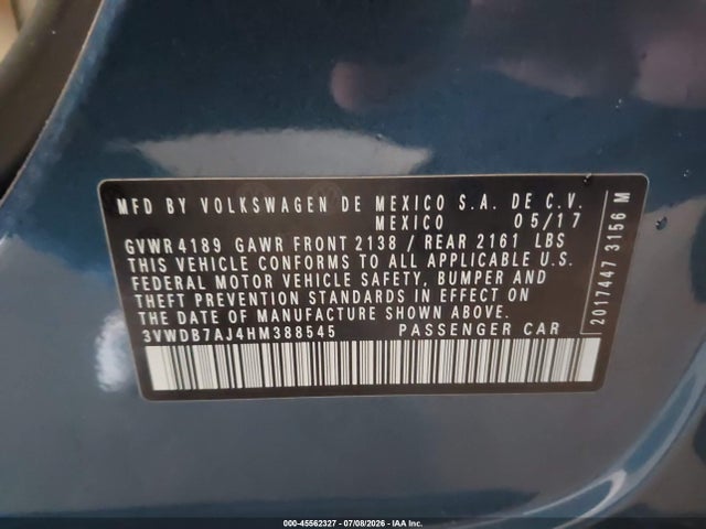 2017 Volkswagen Jetta 1.4t Se მანქანა იყიდება აუქციონზე, vin: 3VWDB7AJ4HM388545, აუქციონის ნომერი: 45562327
