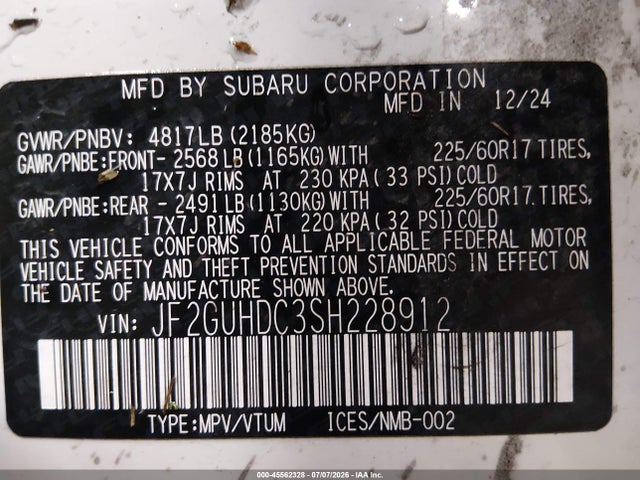 45562328 :رقم المزاد ، JF2GUHDC3SH228912 vin ، 2025 Subaru Crosstrek Premium مزاد بيع
