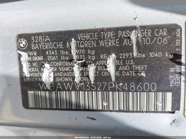 Aukcja sprzedaży 2007 Bmw 328i, vin: WBAWV13527PK48600, numer aukcji: 45562340