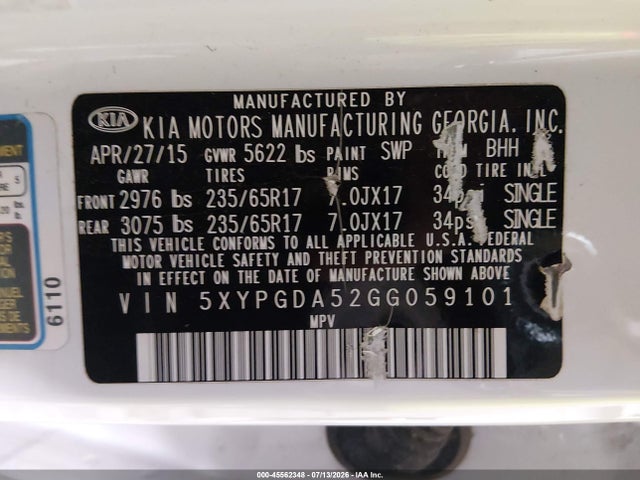 5XYPGDA52GG059101 KIA Sorento 3.3l Lx