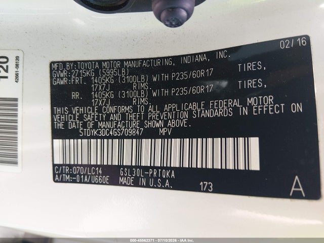 45562371 :رقم المزاد ، 5TDYK3DC4GS709847 vin ، 2016 Toyota Sienna Xle 8 Passenger مزاد بيع