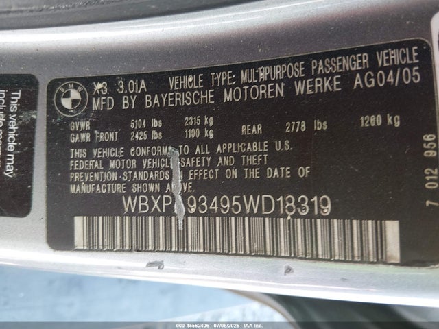 Aukcja sprzedaży 2005 Bmw X3 3.0i, vin: WBXPA93495WD18319, numer aukcji: 45562406
