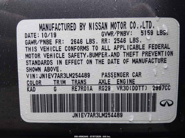 Aukcja sprzedaży 2020 Infiniti Q50 Pure Awd, vin: JN1EV7AR3LM254489, numer aukcji: 45562445