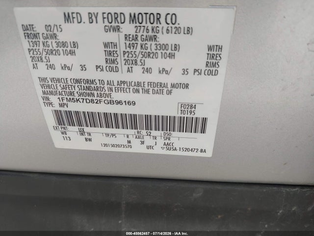 Продажа на аукционе авто 2015 Ford Explorer Xlt, vin: 1FM5K7D82FGB96169, номер лота: 45562457