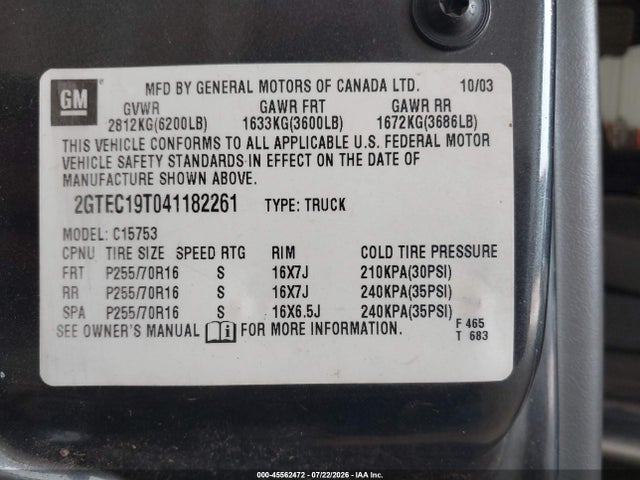 Продажа на аукционе авто 2004 Gmc Sierra 1500 Sle, vin: 2GTEC19T041182261, номер лота: 45562472