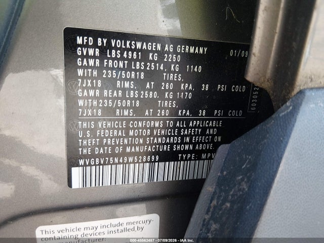 Продаж на аукціоні авто 2009 Volkswagen Tiguan Se, vin: WVGBV75N49W528699, номер лоту: 45562487