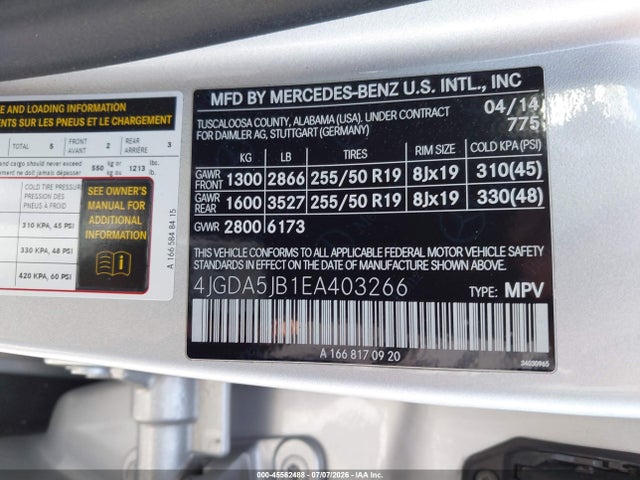 Продаж на аукціоні авто 2014 Mercedes-benz Ml 350, vin: 4JGDA5JB1EA403266, номер лоту: 45562488