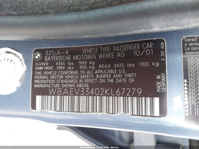 2002 Bmw 3 Series 325i მანქანა იყიდება აუქციონზე, vin: WBAEV33402KL67279, აუქციონის ნომერი: 45562519