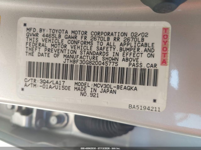 Продаж на аукціоні авто 2002 Lexus Es 300, vin: JTHBF30G820045775, номер лоту: 45562530