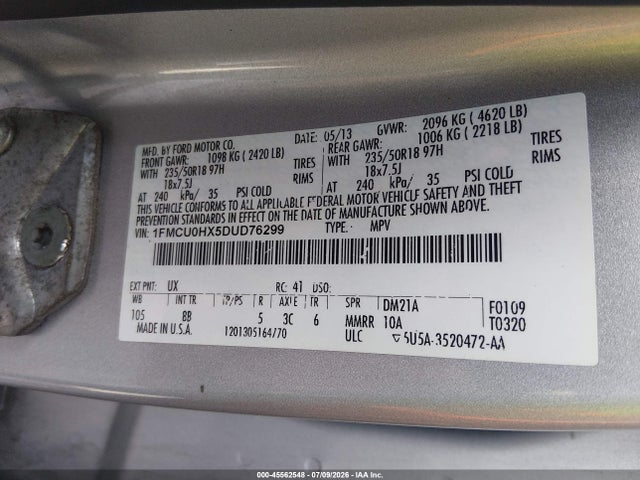 2013 Ford Escape Sel მანქანა იყიდება აუქციონზე, vin: 1FMCU0HX5DUD76299, აუქციონის ნომერი: 45562548
