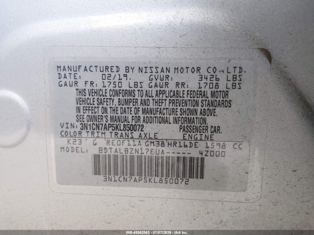 Auction sale of the 2019 Nissan Versa 1.6 Sv, vin: 3N1CN7AP5KL850072, lot number: 45562563