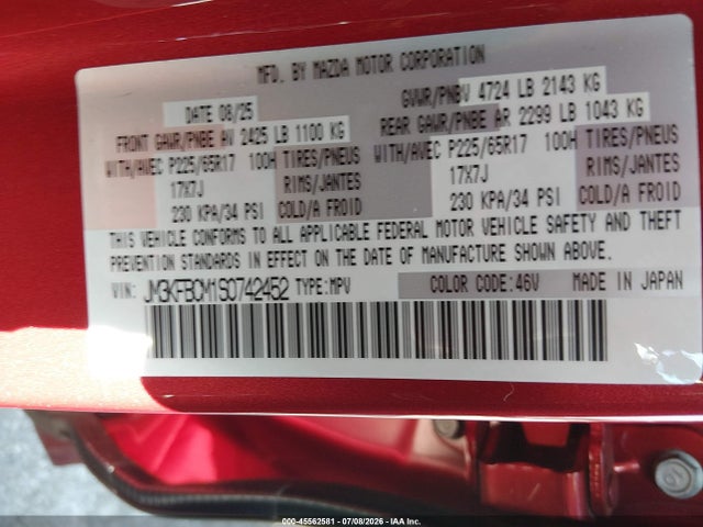 45562581 :رقم المزاد ، JM3KFBCM1S0742452 vin ، 2025 Mazda Cx-5 2.5 S Preferred مزاد بيع