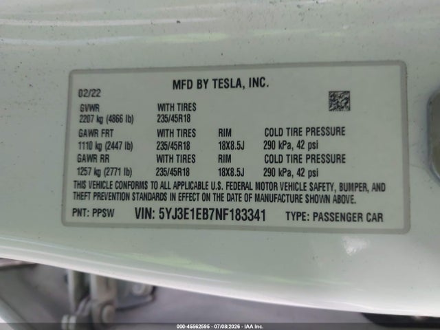 45562595 :رقم المزاد ، 5YJ3E1EB7NF183341 vin ، 2022 Tesla Model 3 Long Range Dual Motor All-wheel Drive مزاد بيع