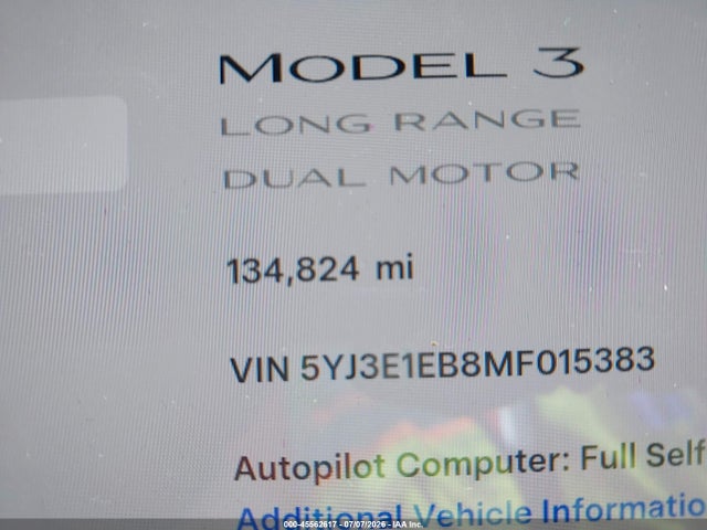 Продажа на аукционе авто 2021 Tesla Model 3 Long Range Dual Motor All-wheel Drive, vin: 5YJ3E1EB8MF015383, номер лота: 45562617