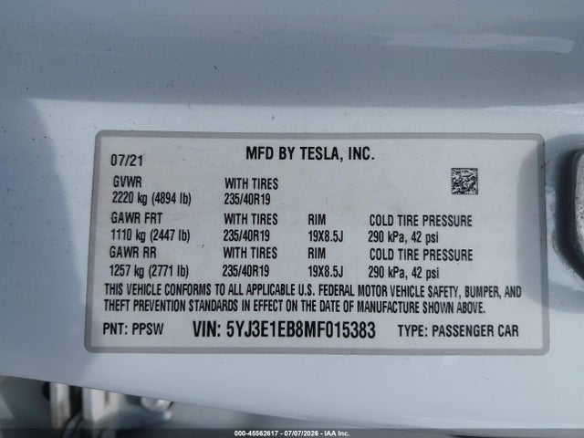 Продажа на аукционе авто 2021 Tesla Model 3 Long Range Dual Motor All-wheel Drive, vin: 5YJ3E1EB8MF015383, номер лота: 45562617