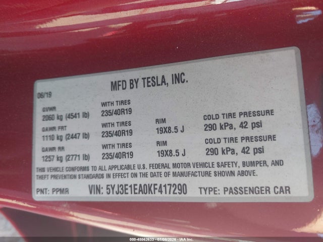 Tesla Model 3 Long Range/mid Range/standard Range/standard Range Plus 2019 5YJ3E1EA0KF417290 Image 9