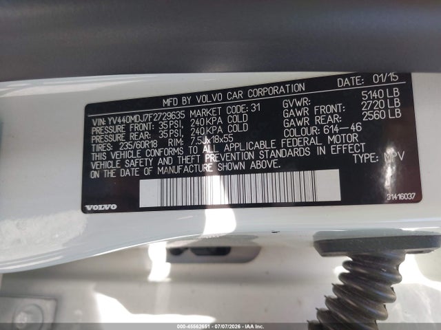 45562651 :رقم المزاد ، YV440MDJ7F2729635 vin ، 2015 Volvo Xc60 T5 مزاد بيع