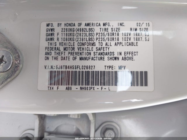 45562653 :رقم المزاد ، 5J8TB4H55FL026827 vin ، 2015 Acura Rdx مزاد بيع